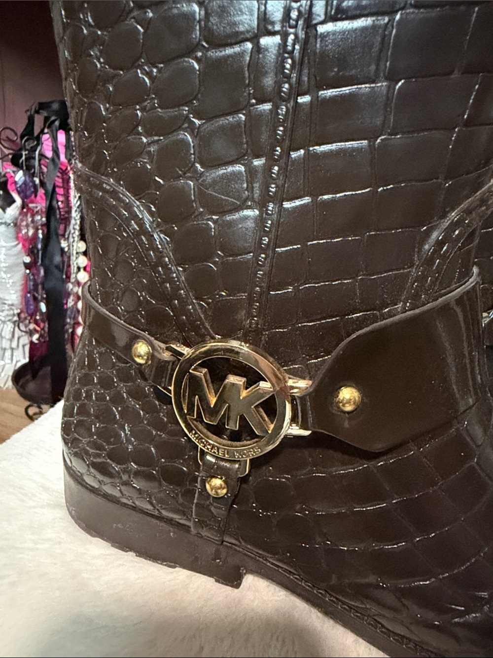 Michael Kors Dark Brown Croc-Embossed Leather Lace-Up Boots with Gold MK Accent - Picture 3 of 9